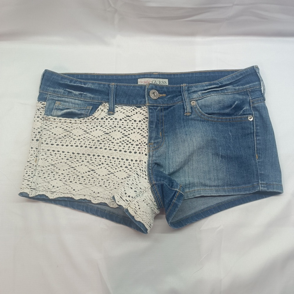 GUESS Denim Crochet Lace Cut Off Shorts Blue Medium Wash Womens 30 Boho Y2K